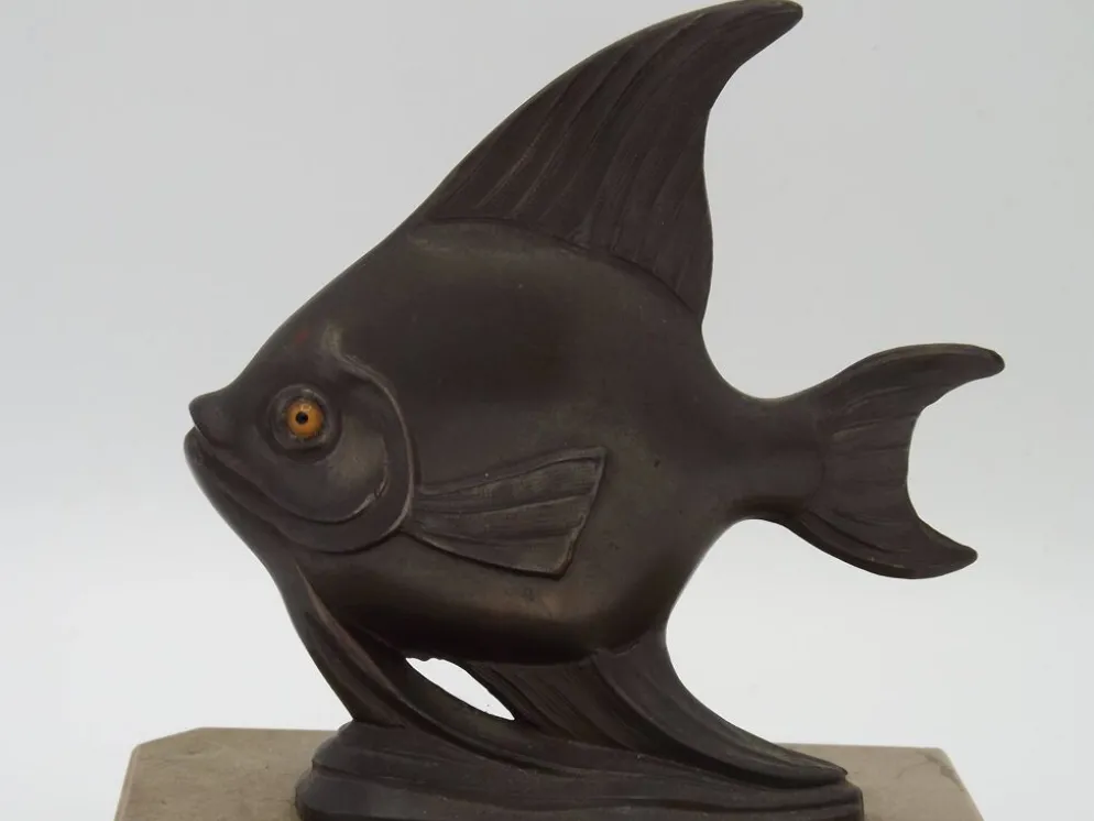 Porte-livres vintage français Art Déco en forme de poisson - Porte-livres en marbre et en spelter