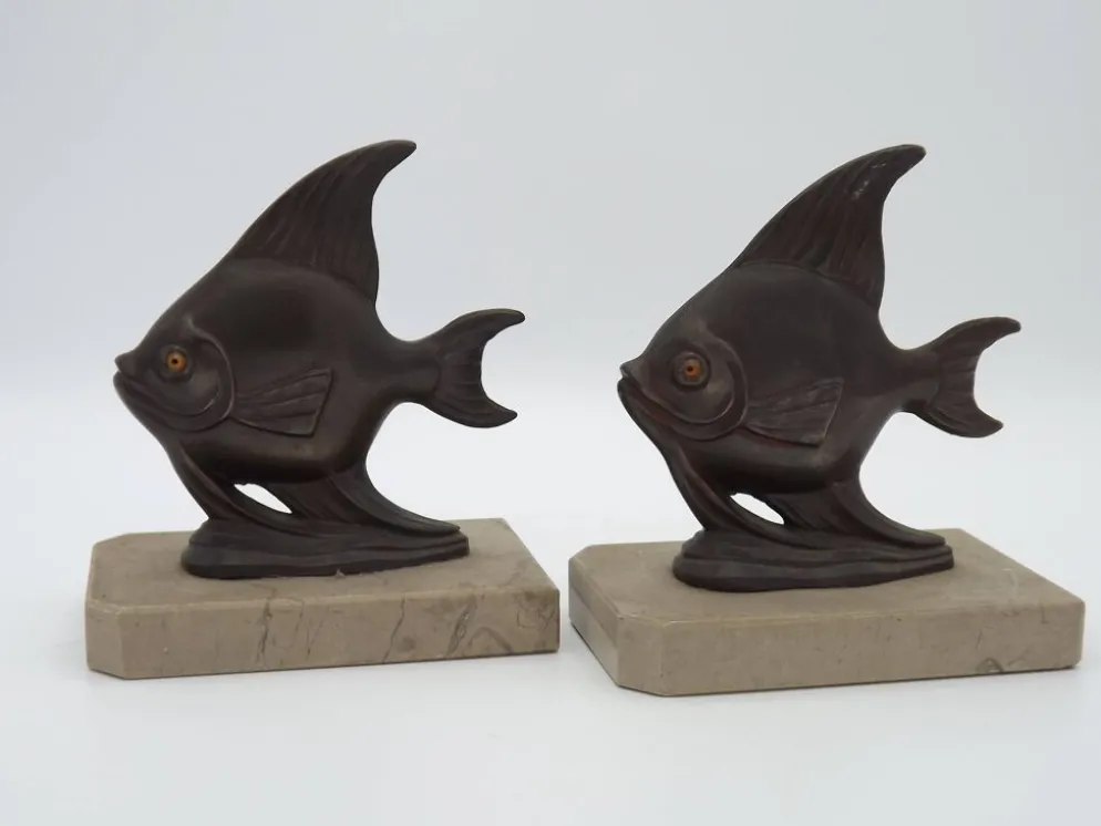 Porte-livres vintage français Art Déco en forme de poisson - Porte-livres en marbre et en spelter