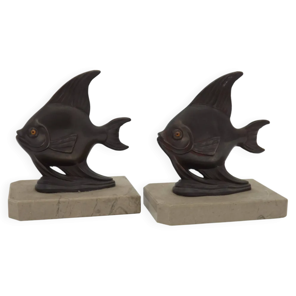 Porte-livres vintage français Art Déco en forme de poisson - Porte-livres en marbre et en spelter