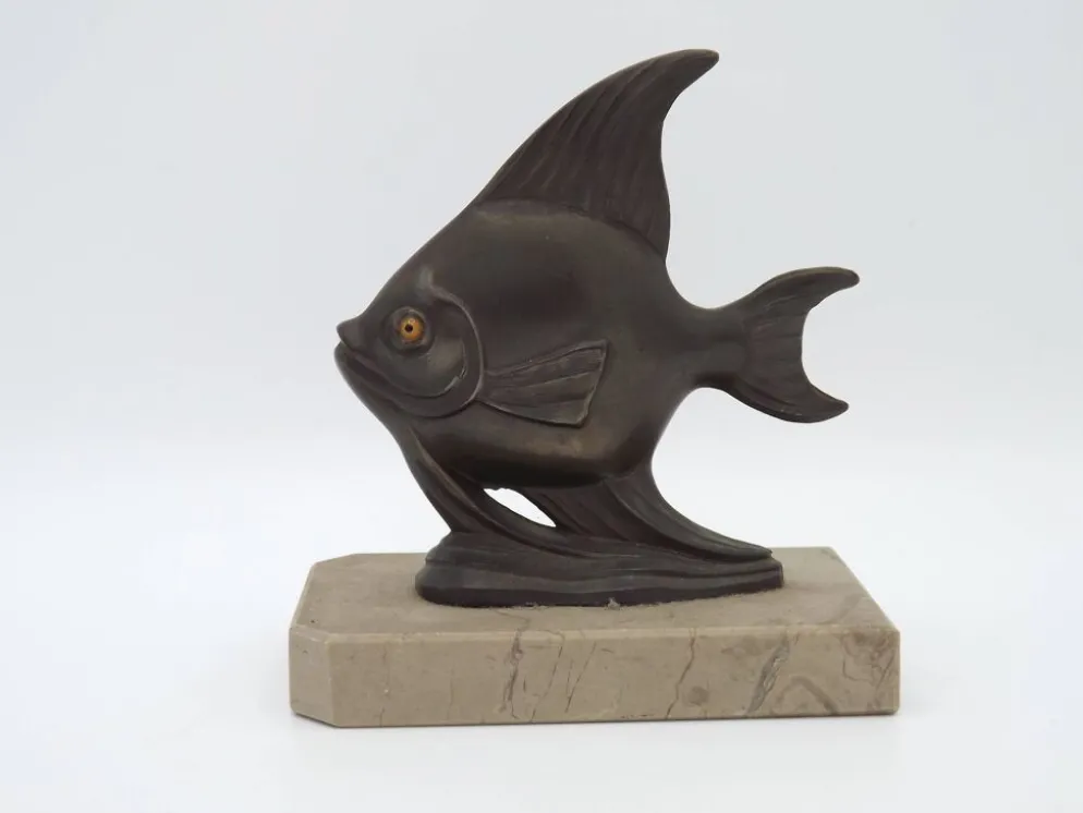 Porte-livres vintage français Art Déco en forme de poisson - Porte-livres en marbre et en spelter