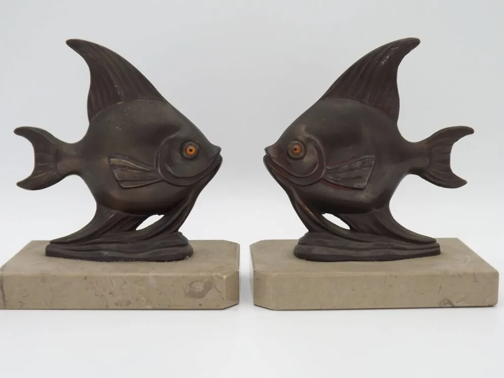 Porte-livres vintage français Art Déco en forme de poisson - Porte-livres en marbre et en spelter