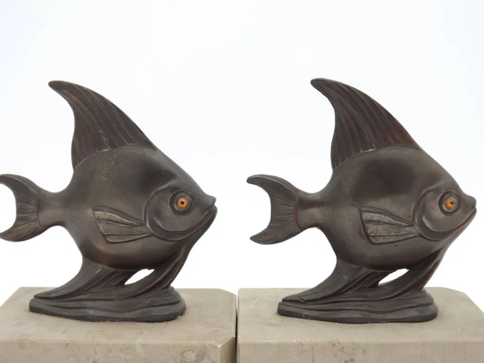 Porte-livres vintage français Art Déco en forme de poisson - Porte-livres en marbre et en spelter