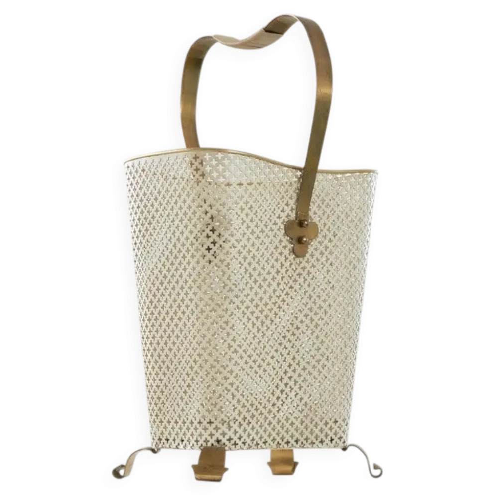 Porte-parapluie du milieu du siècle en laiton patiné et métal perforé, années 1950