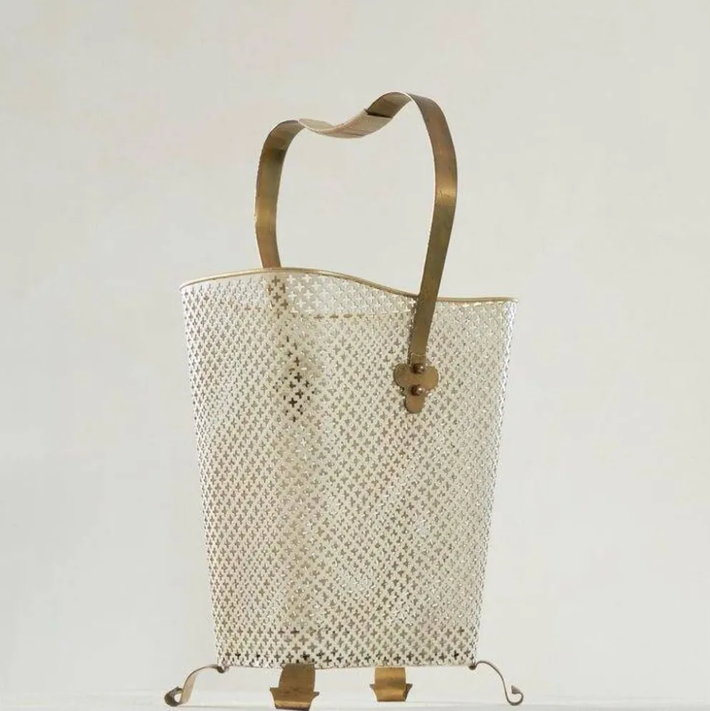 Porte-parapluie du milieu du siècle en laiton patiné et métal perforé, années 1950