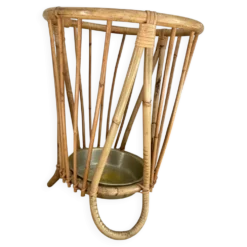 Porte-parapluie en bambou et rotin avec plateau en métal, dans le style de Franco Albini, Italie, années 1960.
