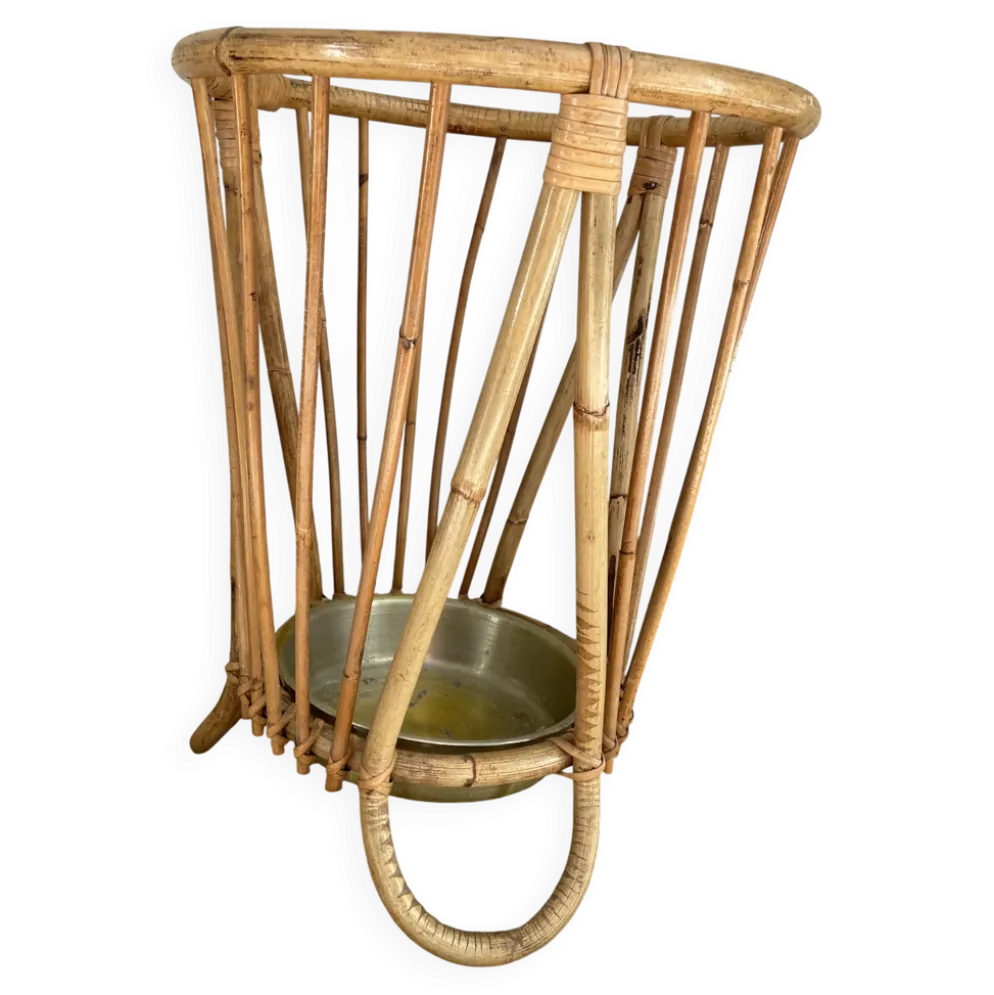 Porte-parapluie en bambou et rotin avec plateau en métal, dans le style de Franco Albini, Italie, années 1960.