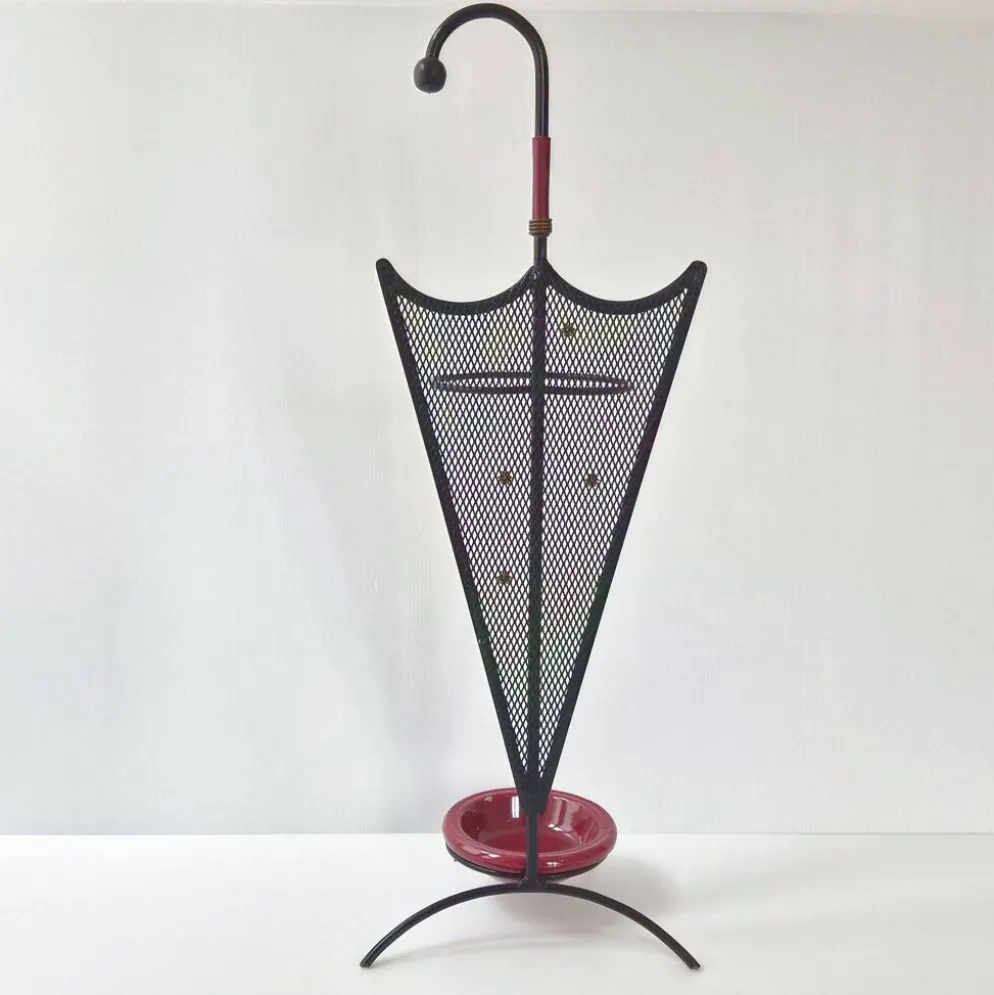 Porte-parapluie vintage 1950 en métal cuir & céramique bordeaux 50s rockabilly