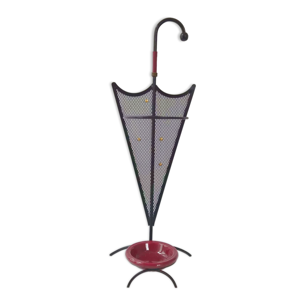 Porte-parapluie vintage 1950 en métal cuir & céramique bordeaux 50s rockabilly