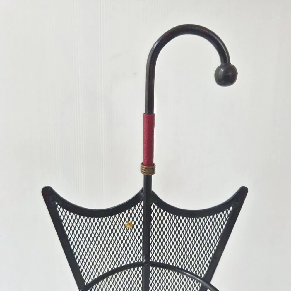 Porte-parapluie vintage 1950 en métal cuir & céramique bordeaux 50s rockabilly