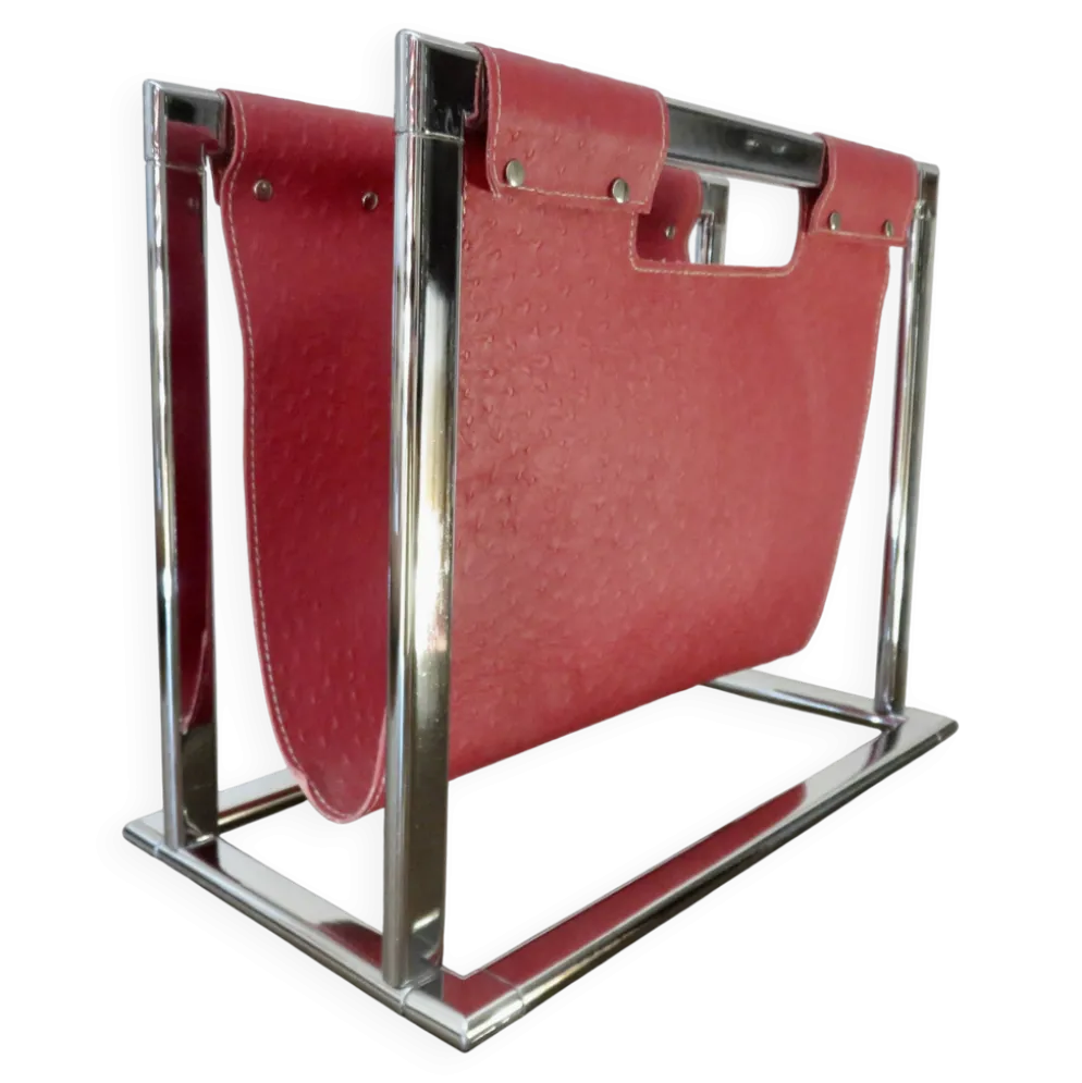 Porte revue métal chromé et simili cuir, Skaï , aspect pécari, 1970