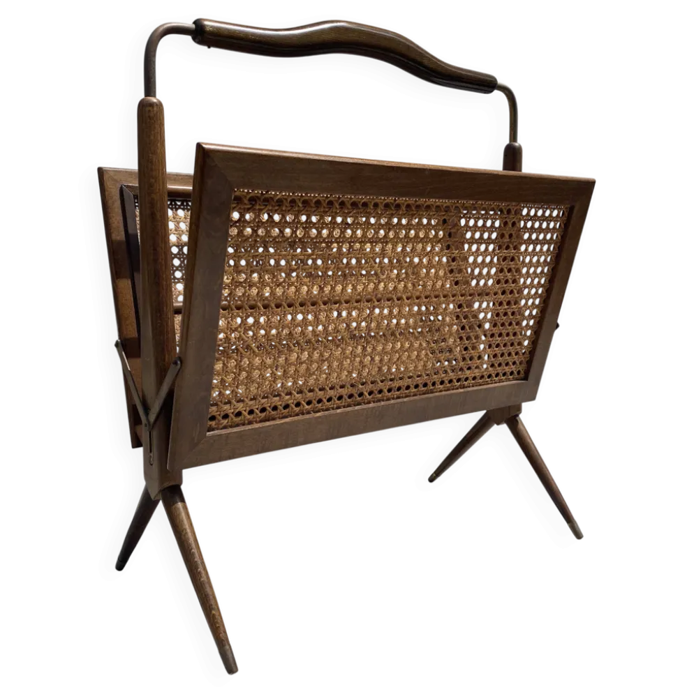 Porte-revues en bois et cannage pieds compas,Cesare Lacca, à années 60