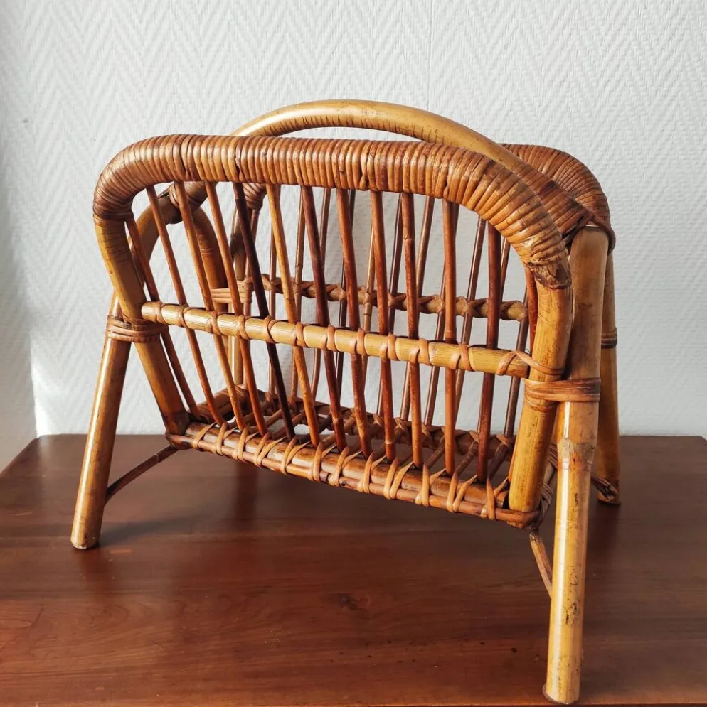 Porte-revues en rotin vintage 50-60
