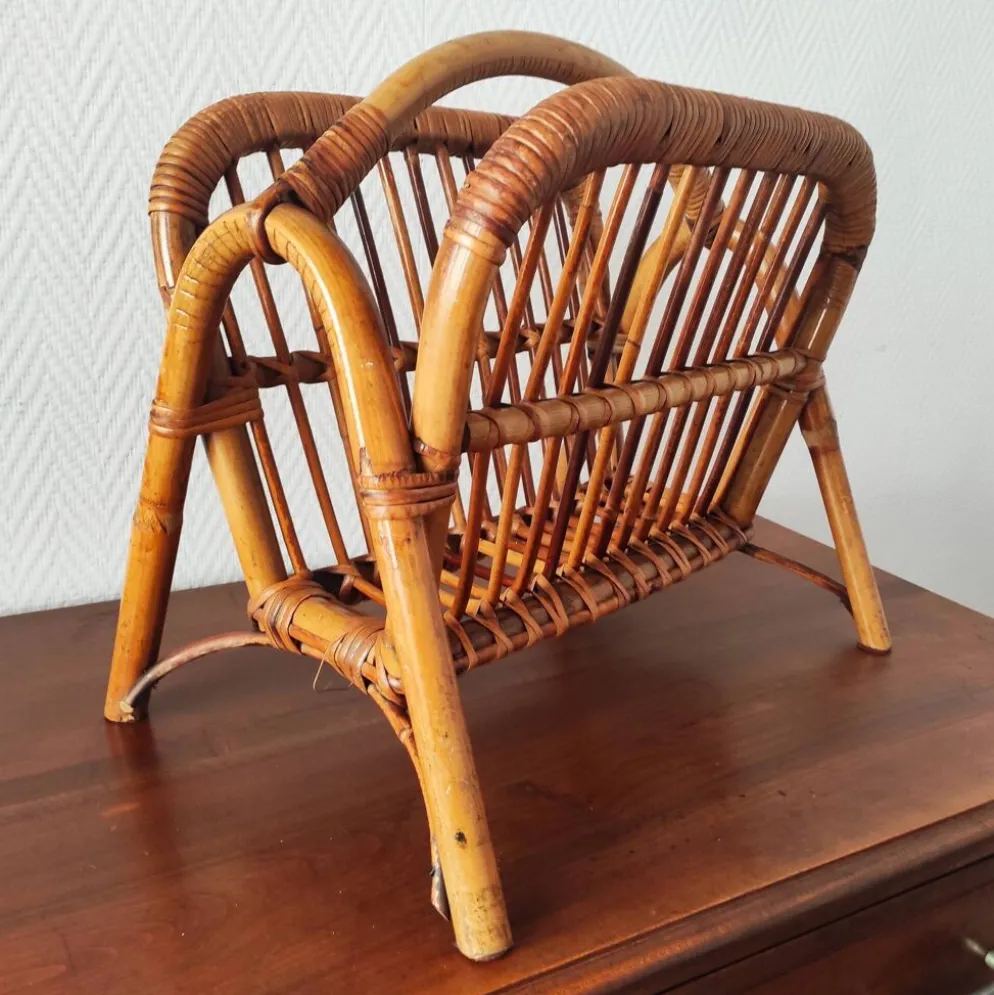 Porte-revues en rotin vintage 50-60
