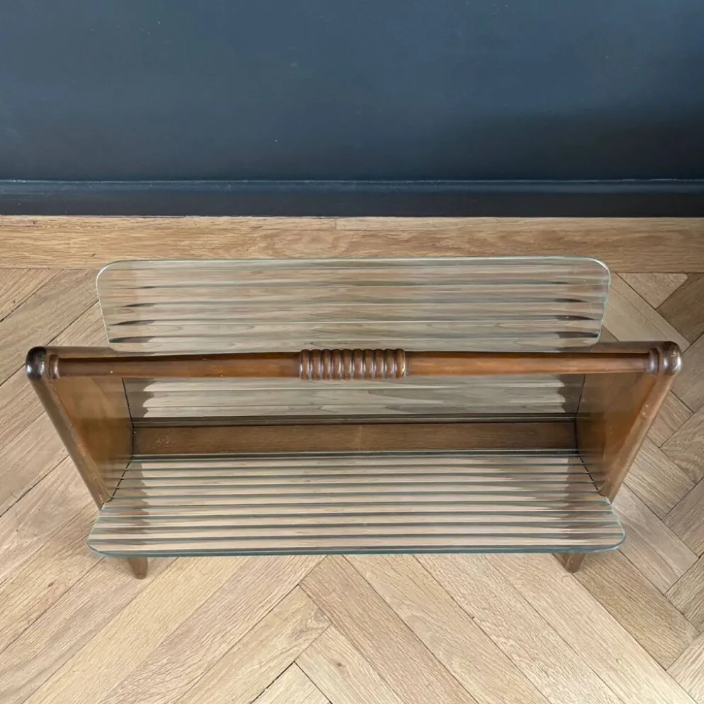 Porte-revues en verre cannelé et bois - années 50