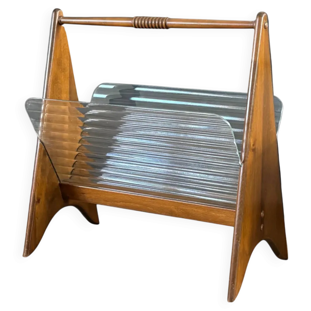 Porte-revues en verre cannelé et bois - années 50