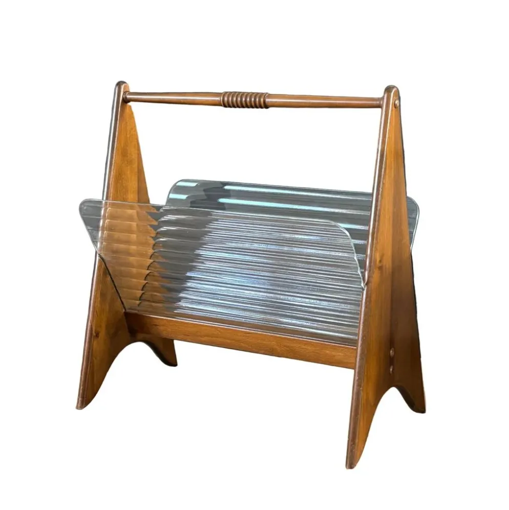 Porte-revues en verre cannelé et bois - années 50