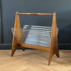 Porte-revues en verre cannelé et bois - années 50