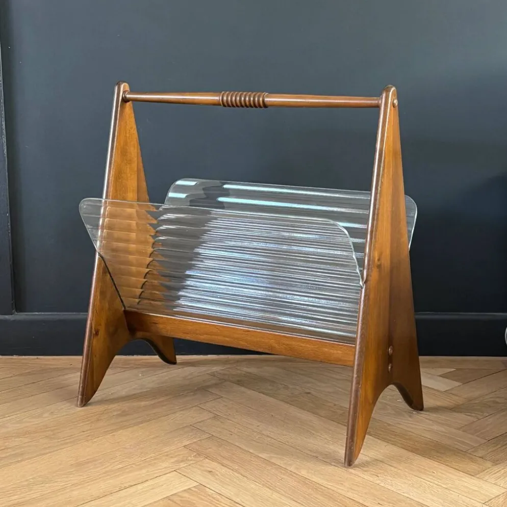 Porte-revues en verre cannelé et bois - années 50