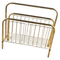 Porte-revues mid-century en laiton doré et bois, vintage années 70, Hongrie