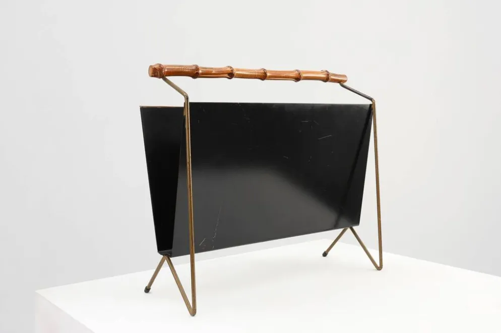 Porte-revues Mid-Century Modern avec poignée en bambou, Belgique années 1960