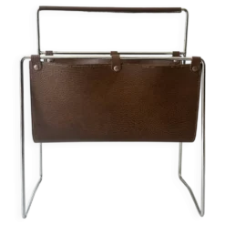 Porte-revues moderniste en cuir brun & métal chromé filaire – design 1970