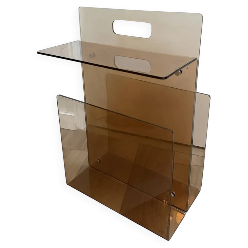 Porte-revues, table d’appoint vintage en plexiglas fumé Michel Dumas