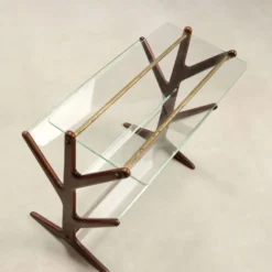 Porte-revues vintage en hêtre, verre et laiton, design Italie années 1950