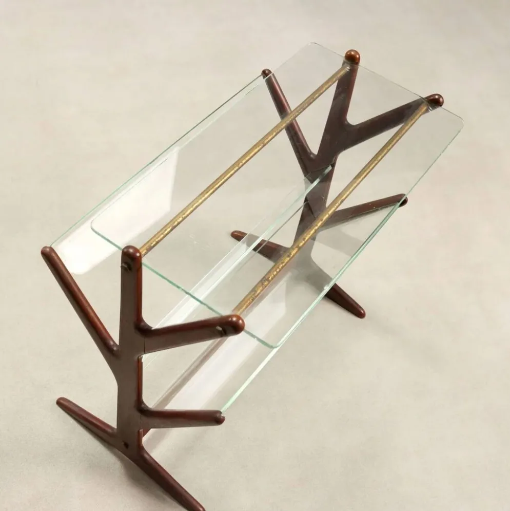 Porte-revues vintage en hêtre, verre et laiton, design Italie années 1950