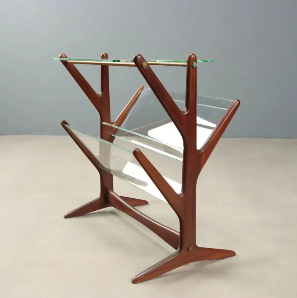 Porte-revues vintage en hêtre, verre et laiton, design Italie années 1950
