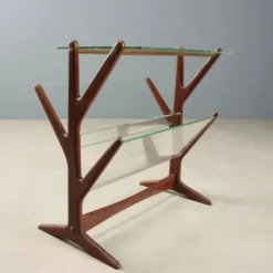 Porte-revues vintage en hêtre, verre et laiton, design Italie années 1950