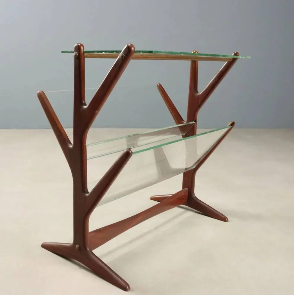 Porte-revues vintage en hêtre, verre et laiton, design Italie années 1950