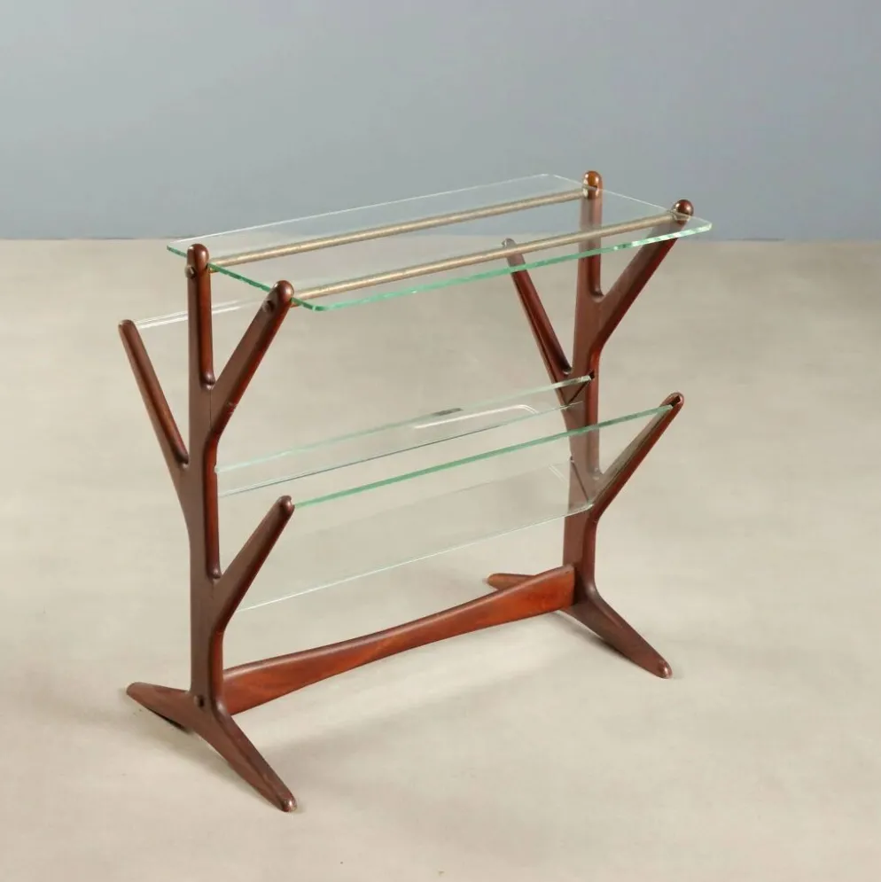 Porte-revues vintage en hêtre, verre et laiton, design Italie années 1950