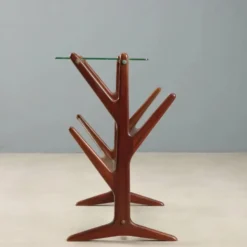 Porte-revues vintage en hêtre, verre et laiton, design Italie années 1950