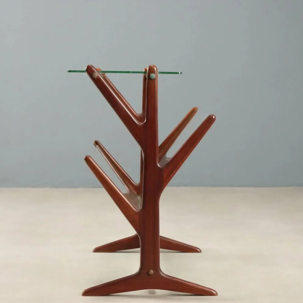 Porte-revues vintage en hêtre, verre et laiton, design Italie années 1950