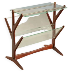 Porte-revues vintage en hêtre, verre et laiton, design Italie années 1950