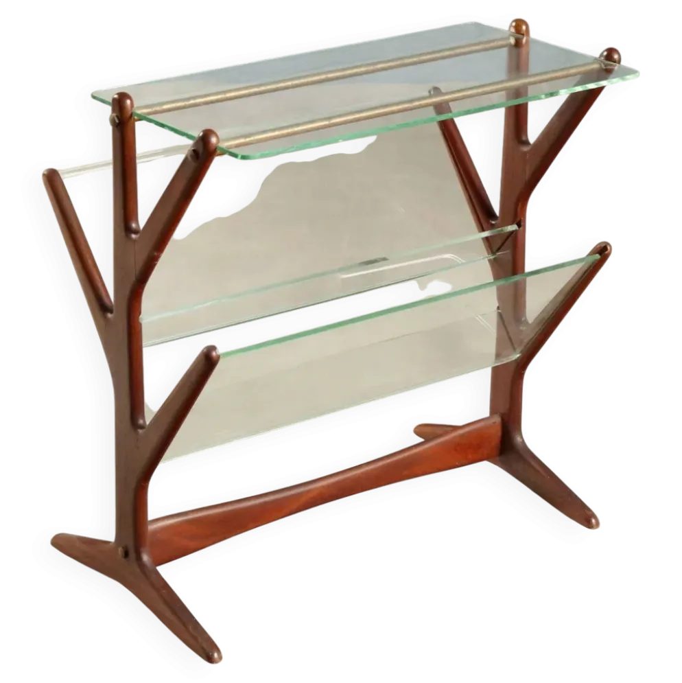 Porte-revues vintage en hêtre, verre et laiton, design Italie années 1950