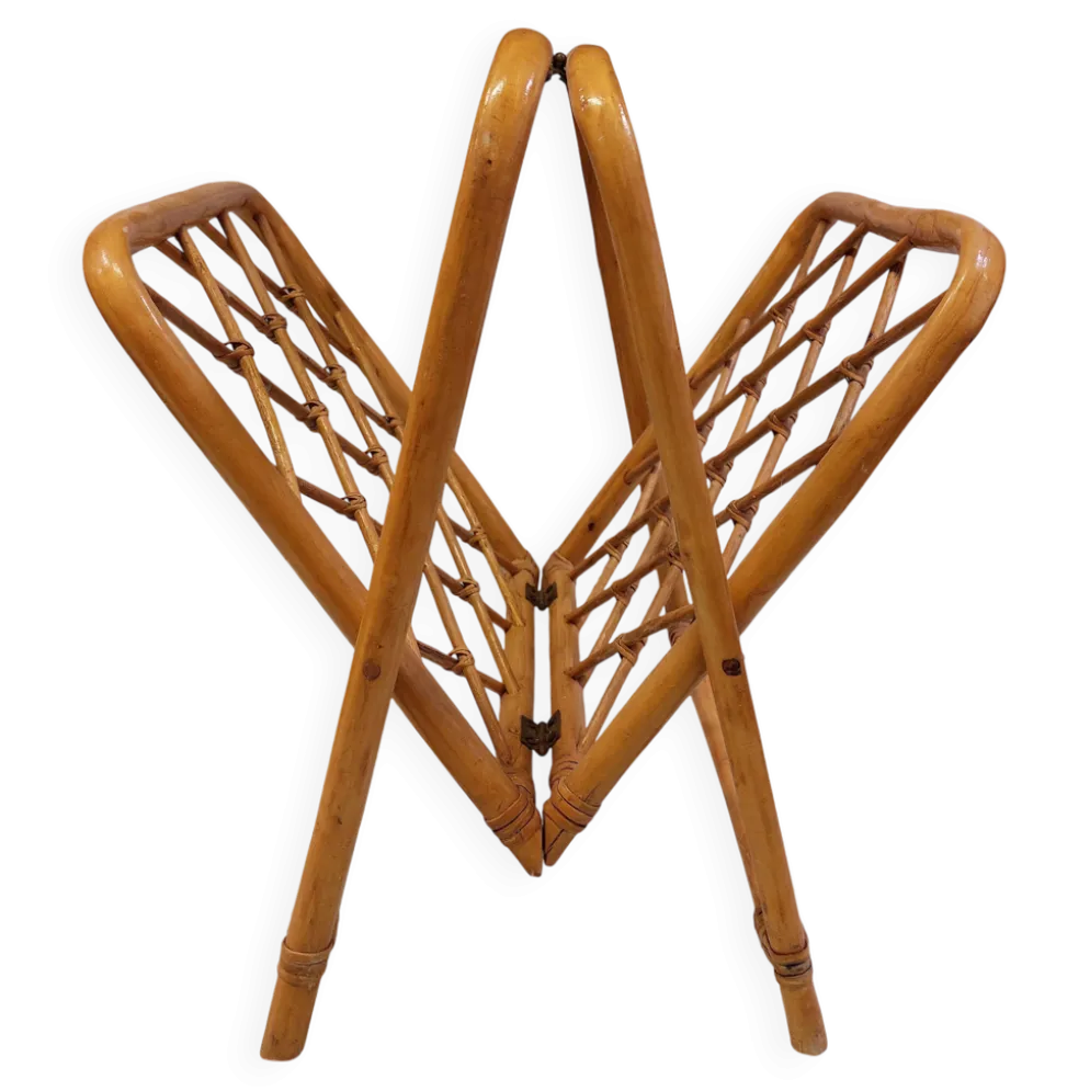 Porte-revue vintage pliable en bambou et rotin - Années 70