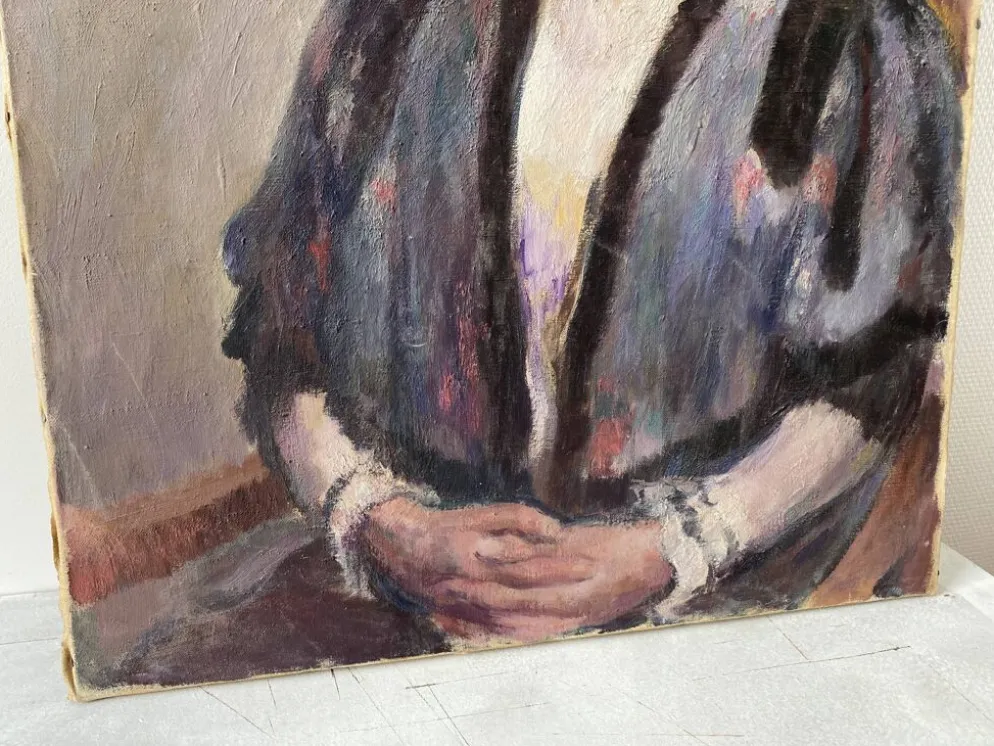 Portrait ancien signé Fernand Blondin daté 1932, huile sur toile vintage d'une femme