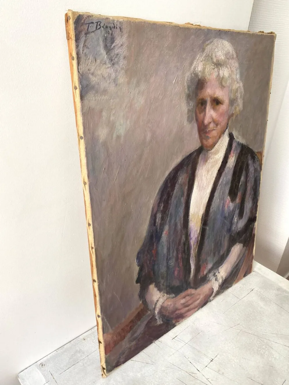 Portrait ancien signé Fernand Blondin daté 1932, huile sur toile vintage d'une femme
