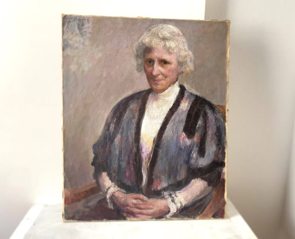 Portrait ancien signé Fernand Blondin daté 1932, huile sur toile vintage d'une femme