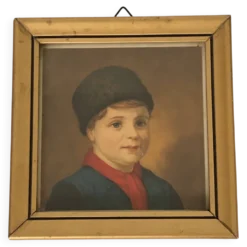 Portrait ancien sous verre - cadre en bois doré