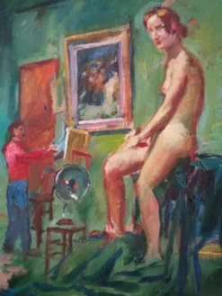 Portrait d'artiste à l'huile antique et modèle nu dans un atelier, XXe siècle