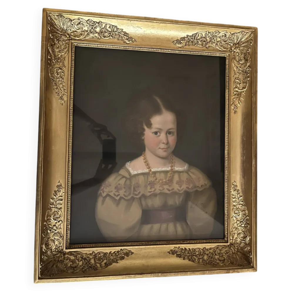 Portrait de petite fille, huile sur toile ancienne — XIXe siècle