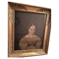 Portrait de petite fille, huile sur toile ancienne — XIXe siècle
