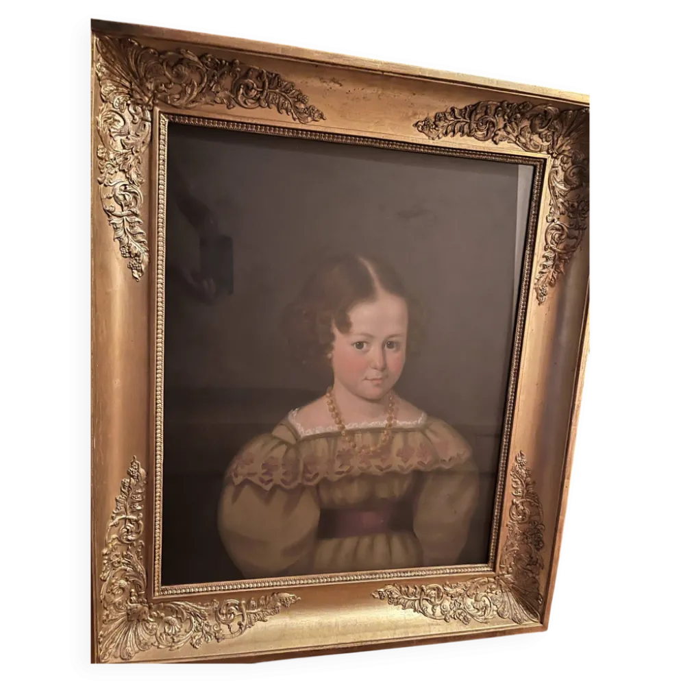 Portrait de petite fille, huile sur toile ancienne — XIXe siècle