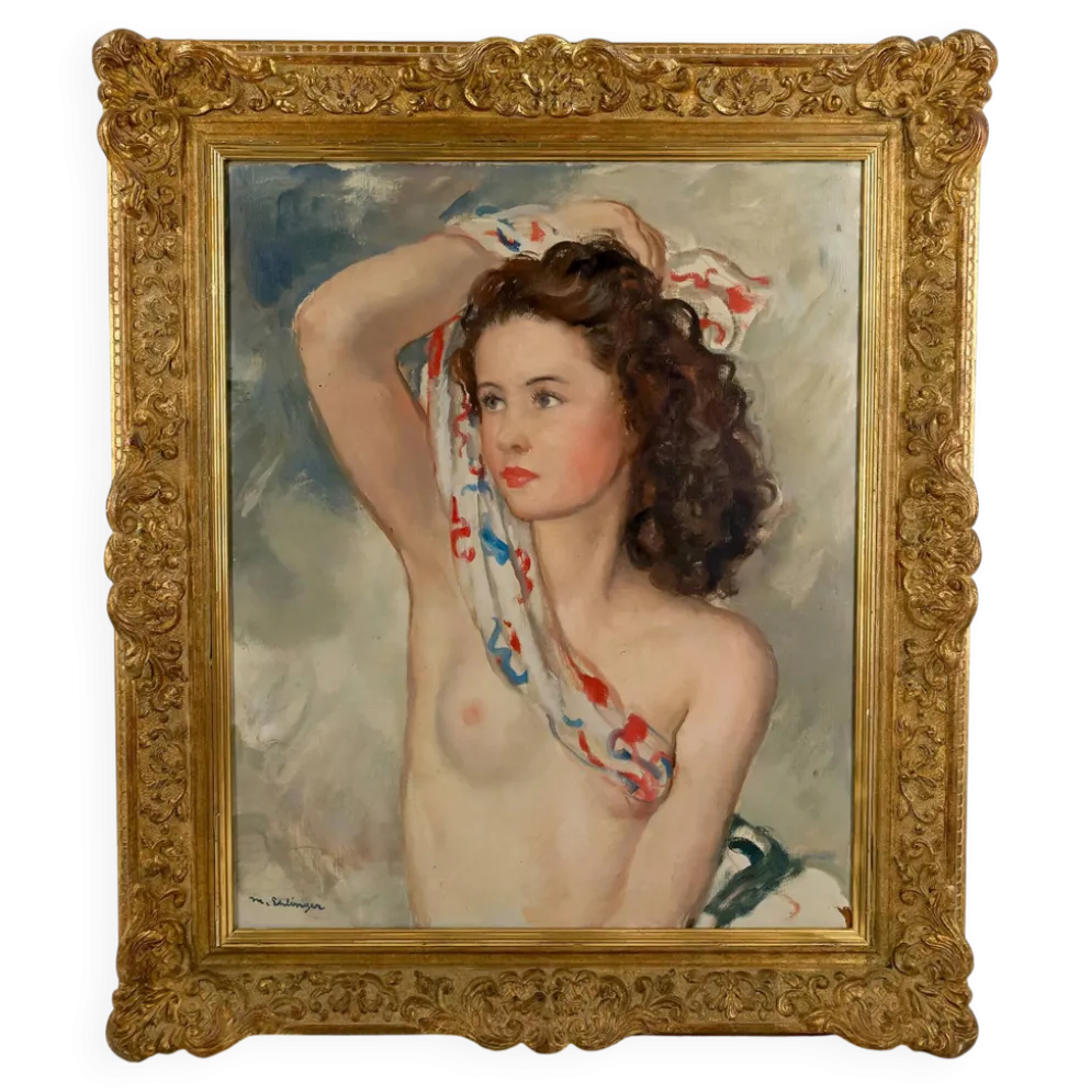 Portrait dénudé d’une jeune femme au foulard, Maurice Ehlinger, Circa 1940