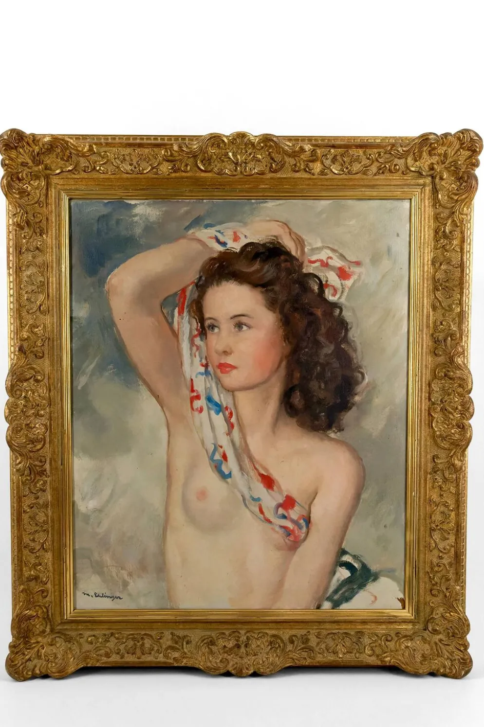 Portrait dénudé d’une jeune femme au foulard, Maurice Ehlinger, Circa 1940