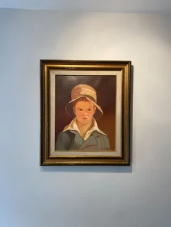 Portrait du garçon au chapeau de paille années 70/80, signé