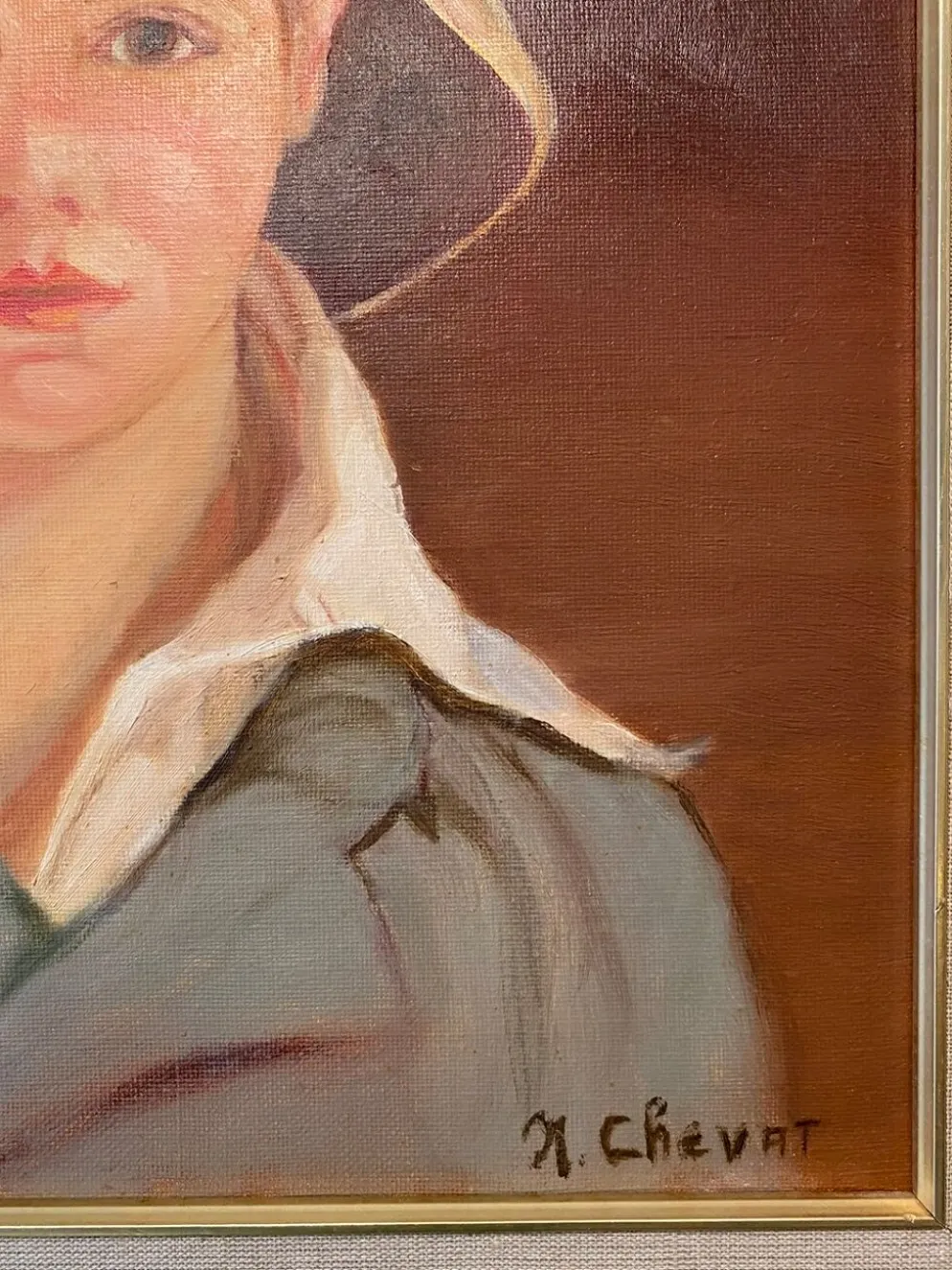 Portrait du garçon au chapeau de paille années 70/80, signé