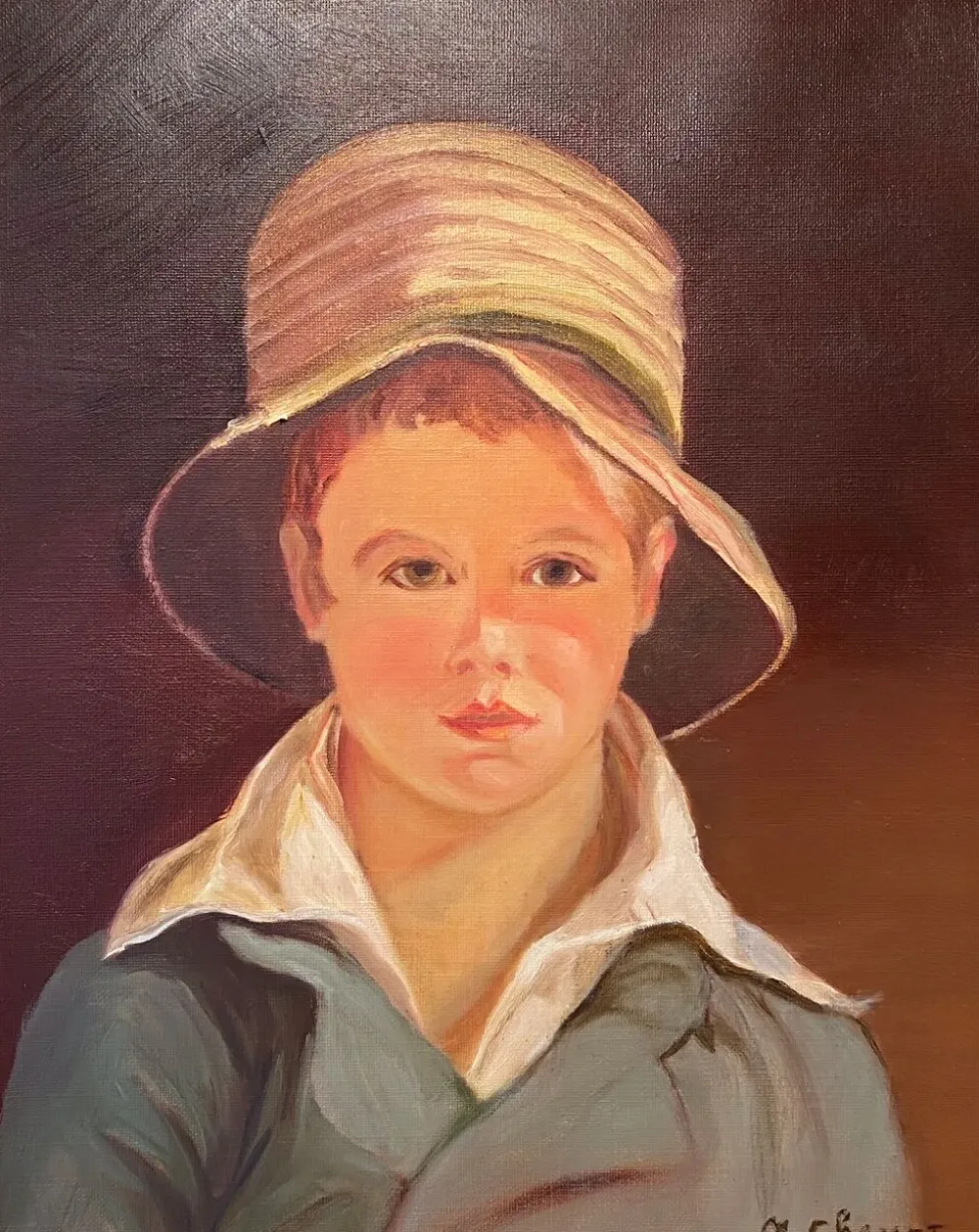 Portrait du garçon au chapeau de paille années 70/80, signé